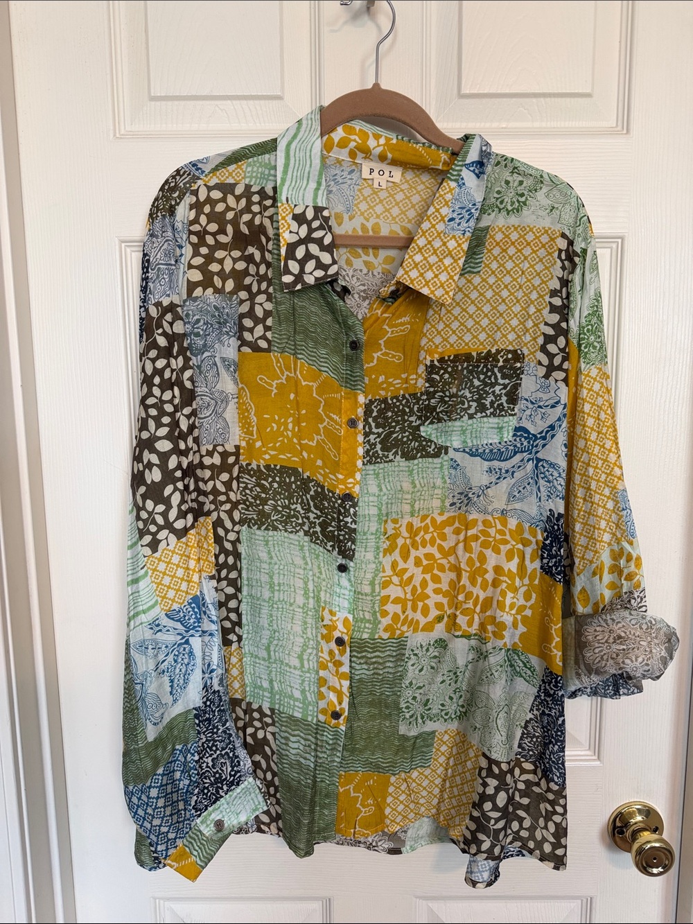 POL Patchwork Button-Down Shirt - Yellow, Green, Blue, Brown